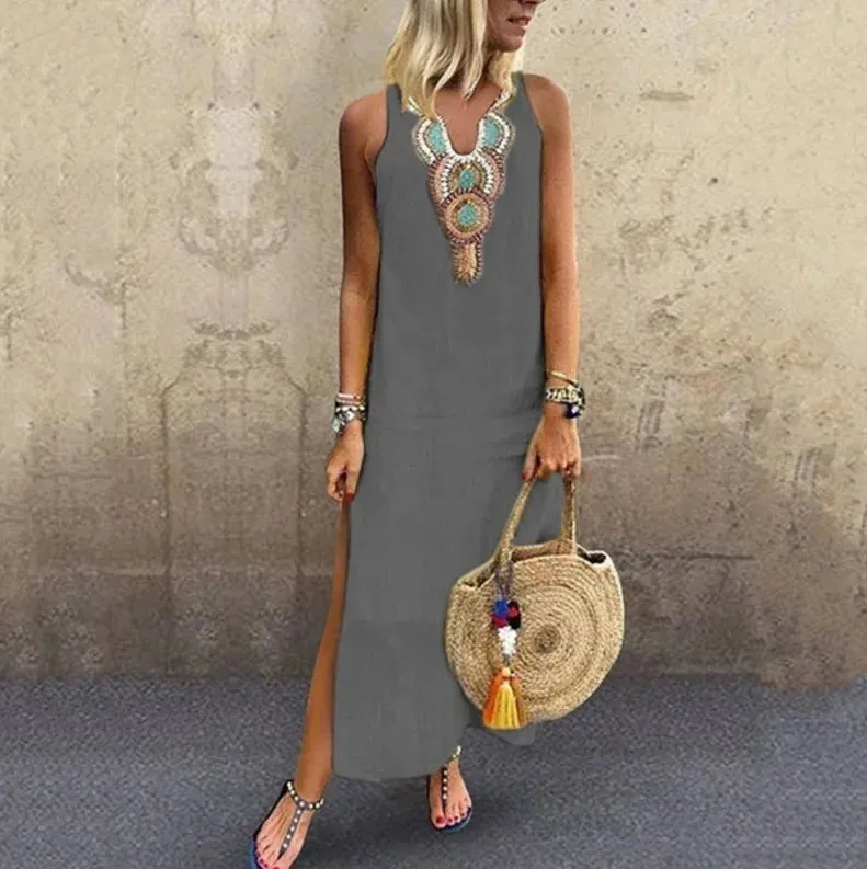 2024 Spring Fashion Women's Long White Dress V-neck Sleeveless Casual Dresses Female Trendy Loose Beach Bohemian Clothes Ladies