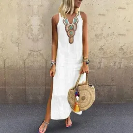 2024 Spring Fashion Women's Long White Dress V-neck Sleeveless Casual Dresses Female Trendy Loose Beach Bohemian Clothes Ladies