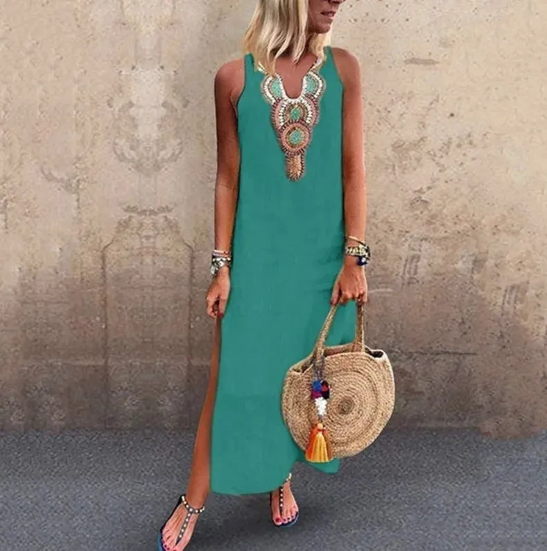 2024 Spring Fashion Women's Long White Dress V-neck Sleeveless Casual Dresses Female Trendy Loose Beach Bohemian Clothes Ladies