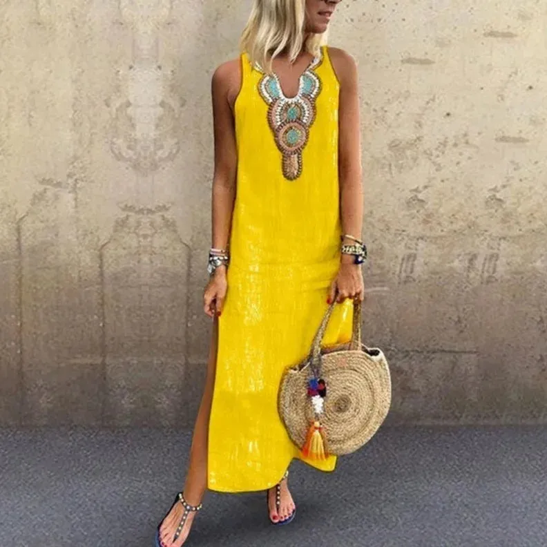 2024 Spring Fashion Women's Long White Dress V-neck Sleeveless Casual Dresses Female Trendy Loose Beach Bohemian Clothes Ladies