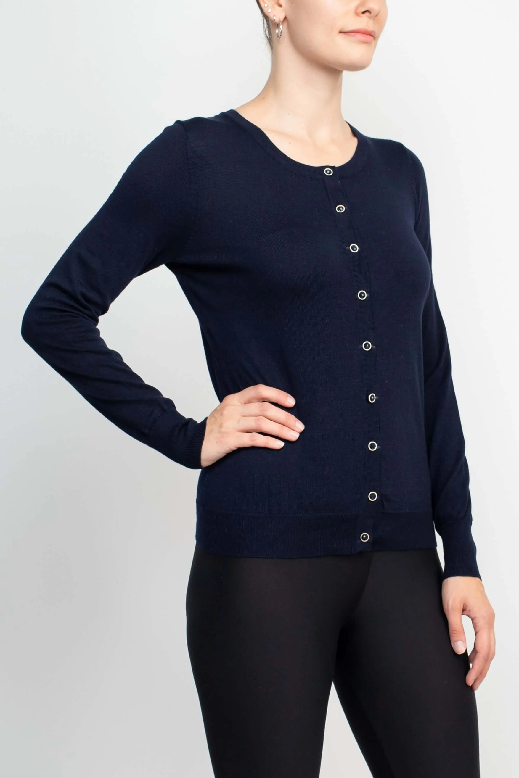 Anne Rose Crew Neck Long Sleeve Button Down Knit Top