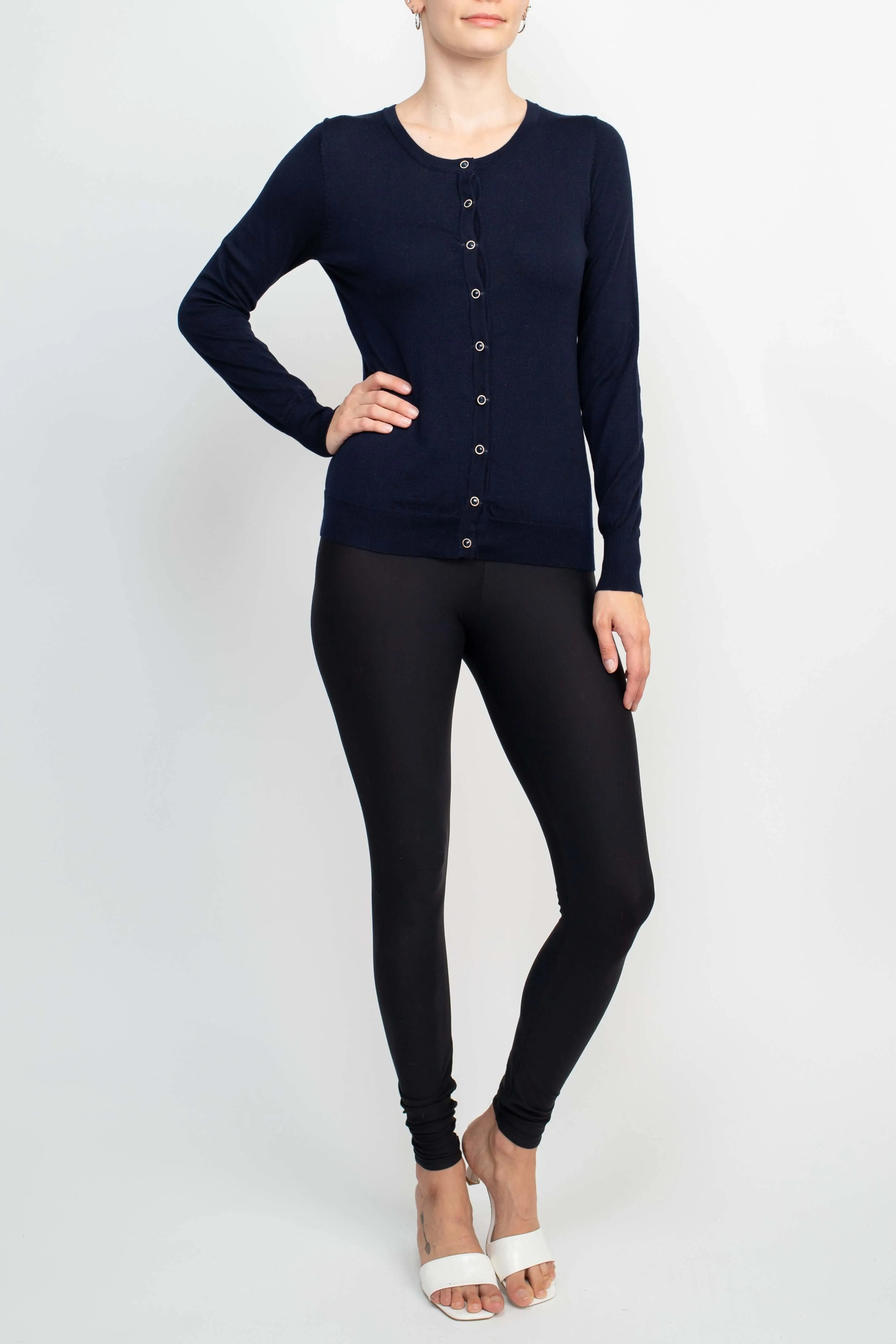 Anne Rose Crew Neck Long Sleeve Button Down Knit Top