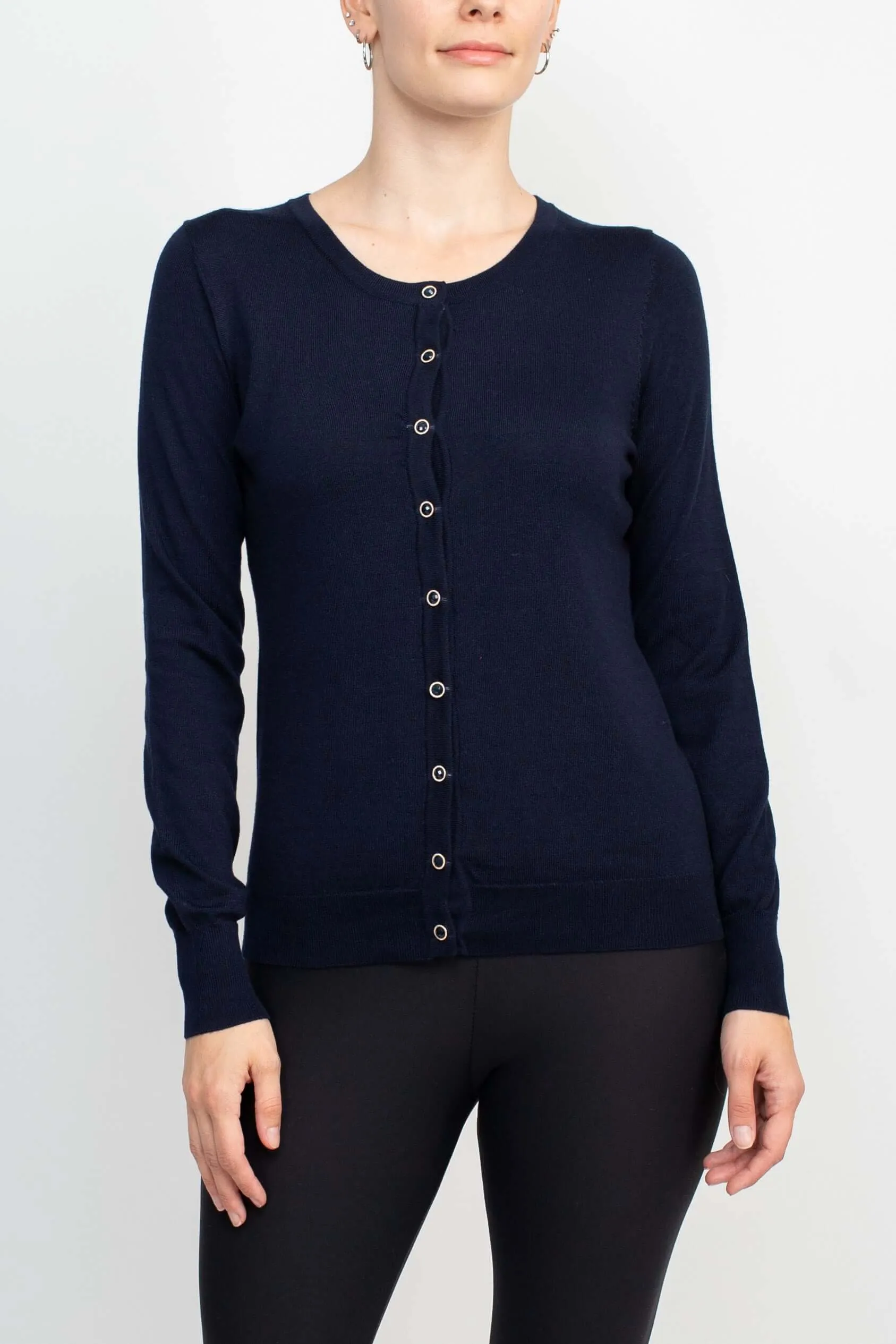 Anne Rose Crew Neck Long Sleeve Button Down Knit Top