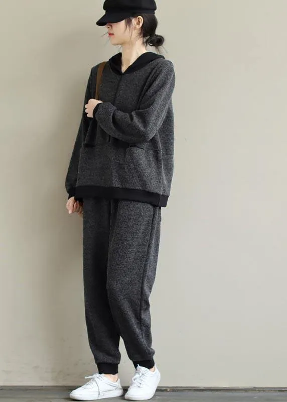 Art Loose Gray Color Matching Hooded Sweater And Elastic Pants Casual Suit