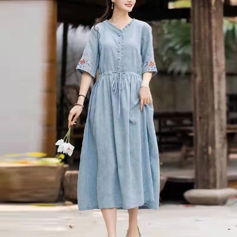 Art pink linen dress v neck embroidery linen robes Dress