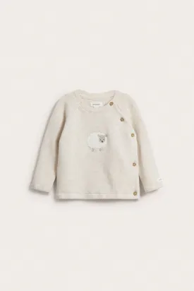 Baby beige knitted wrap cardigan with lamb appliqué