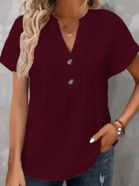 Batwing Sleeve Solid Color And V-neck Button T-shirt