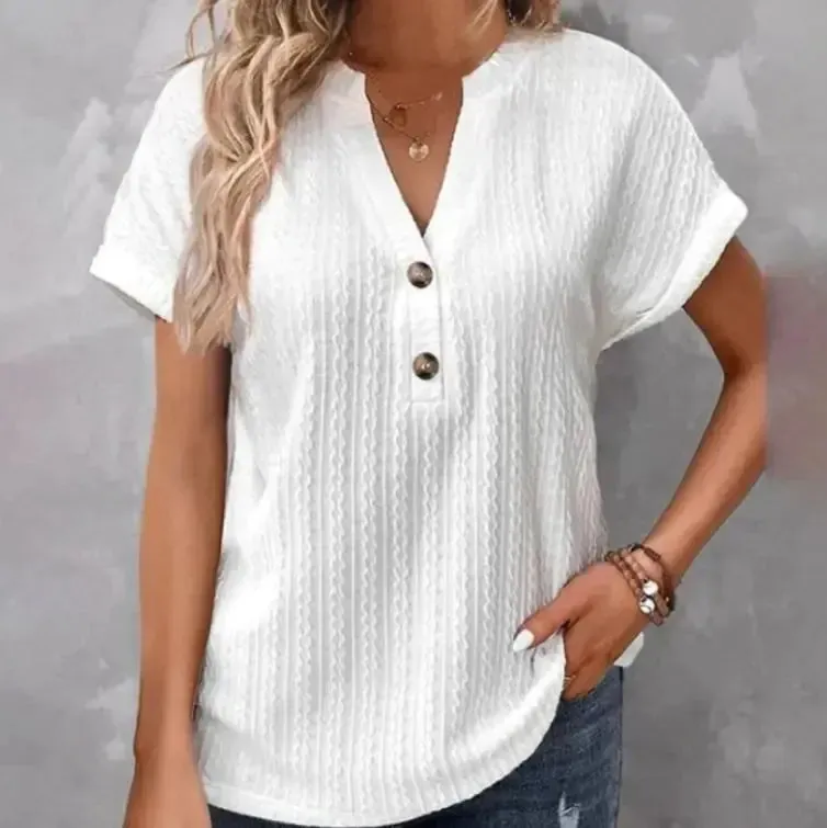 Batwing Sleeve Solid Color And V-neck Button T-shirt