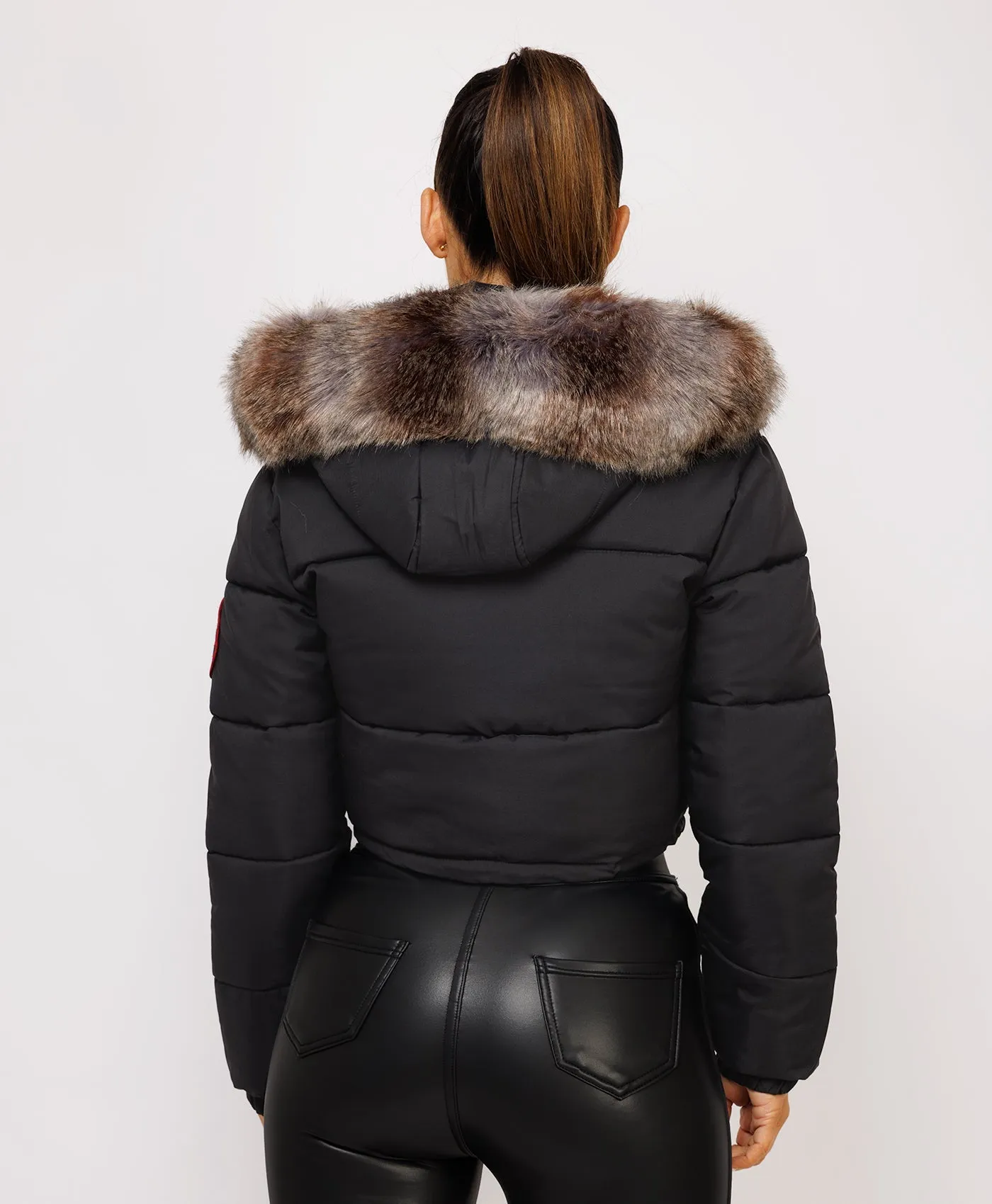 Black Canada Cropped Puffer Jacket With Fur Hood