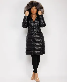 Black Long Padded Puffer Trench Coat Jacket With Faux Fur Hood & Belt