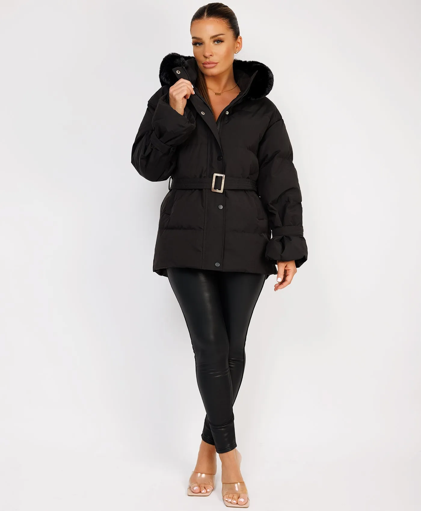 Black Padded Faux Fur Hood Ivory Waist Belted Jacket