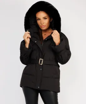 Black Padded Faux Fur Hood Ivory Waist Belted Jacket