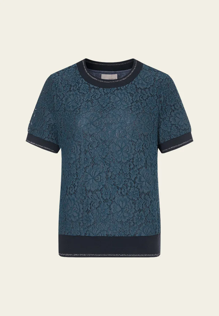 Blue Lace Crew Neck Top