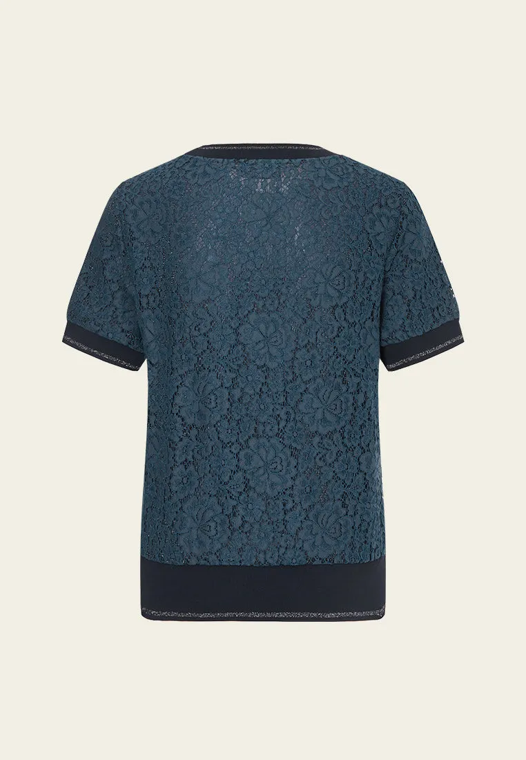 Blue Lace Crew Neck Top