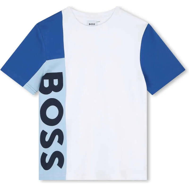 Boys White & blue Logo Cotton T-Shirt