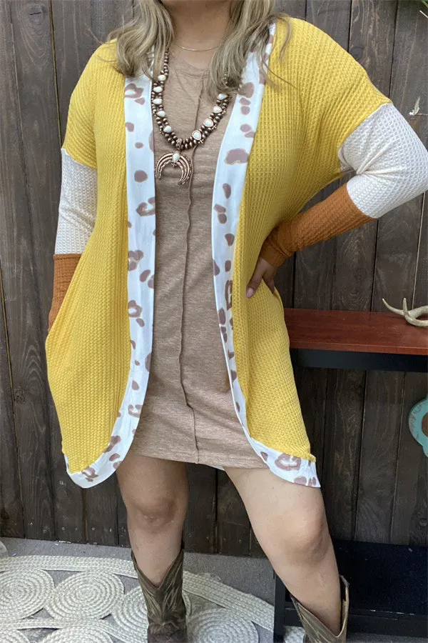 BQ15572 Leopard printed yellow/beige/tan long sleeve knitted fabric women cardigan