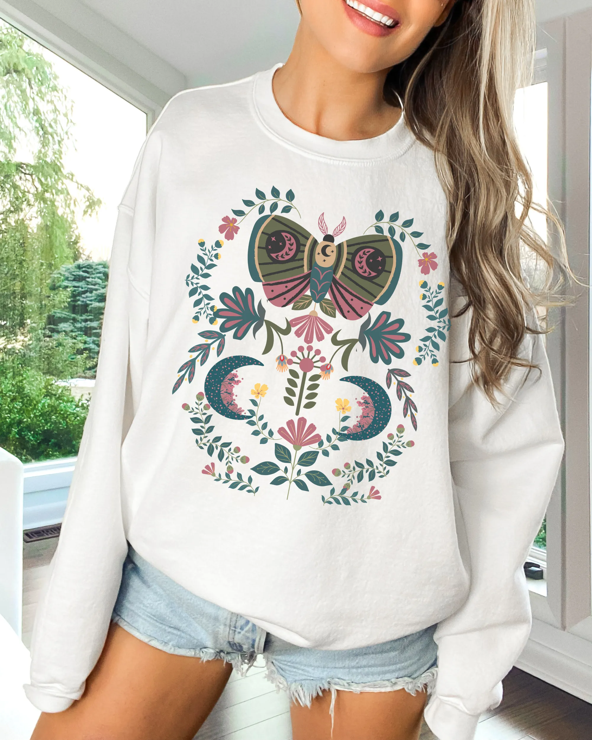 Celestial Mystical Crewneck Sweatshirt, Boho Design, Trendy Pullover