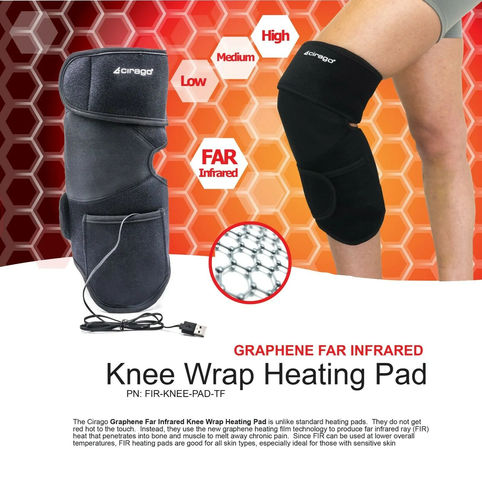 Cirago Graphene Far Infrared Heating Knee Wrap Pad for Arthritis Pain Therapy