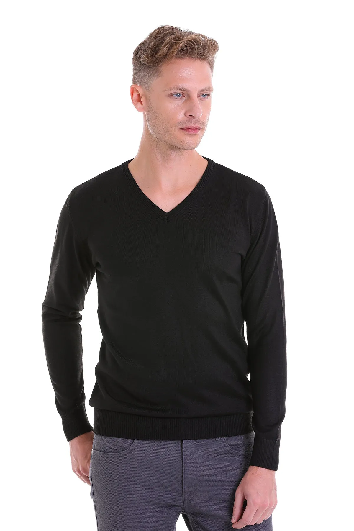 Comfort Fit Wool Blend Black V-Neck Sweater