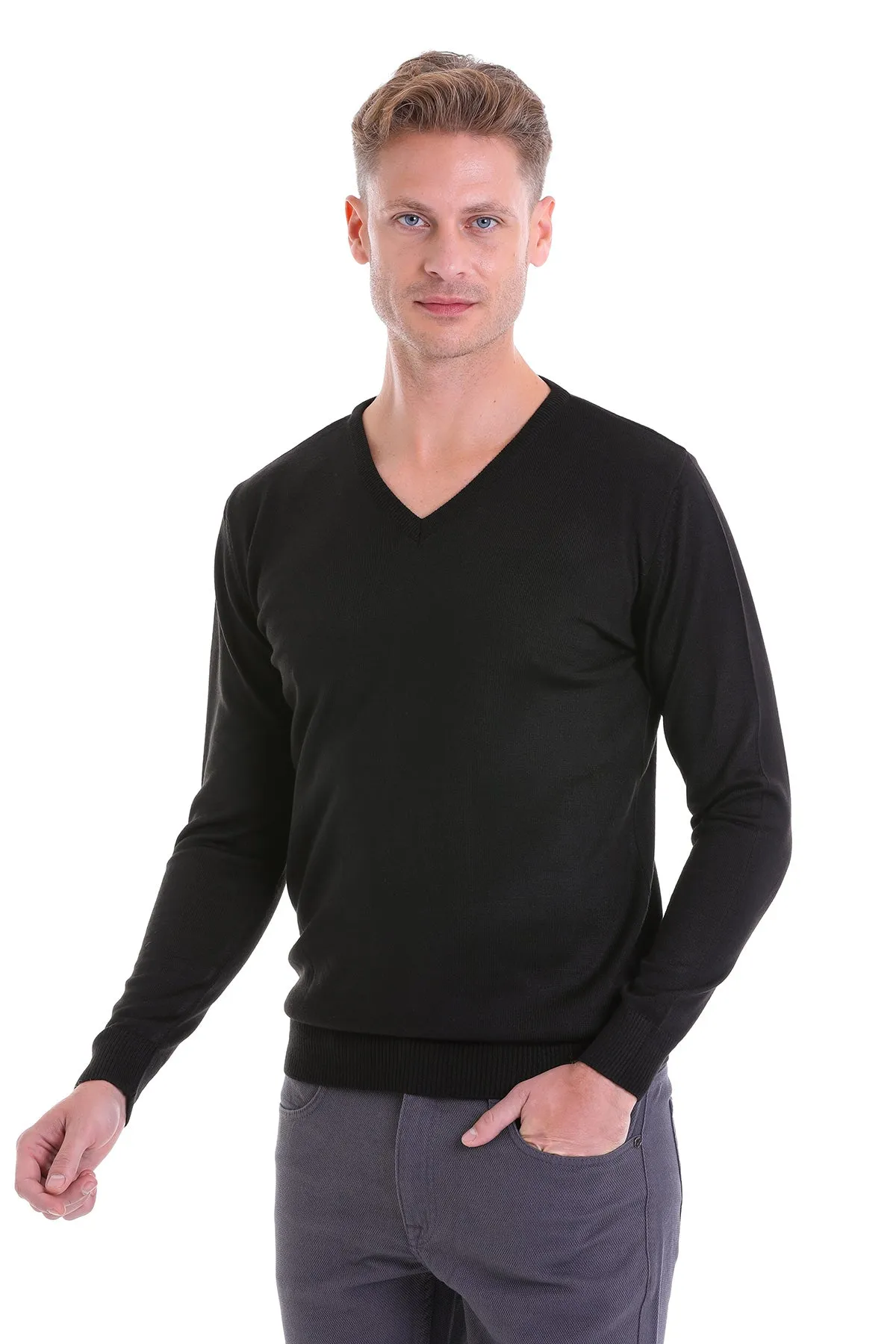 Comfort Fit Wool Blend Black V-Neck Sweater