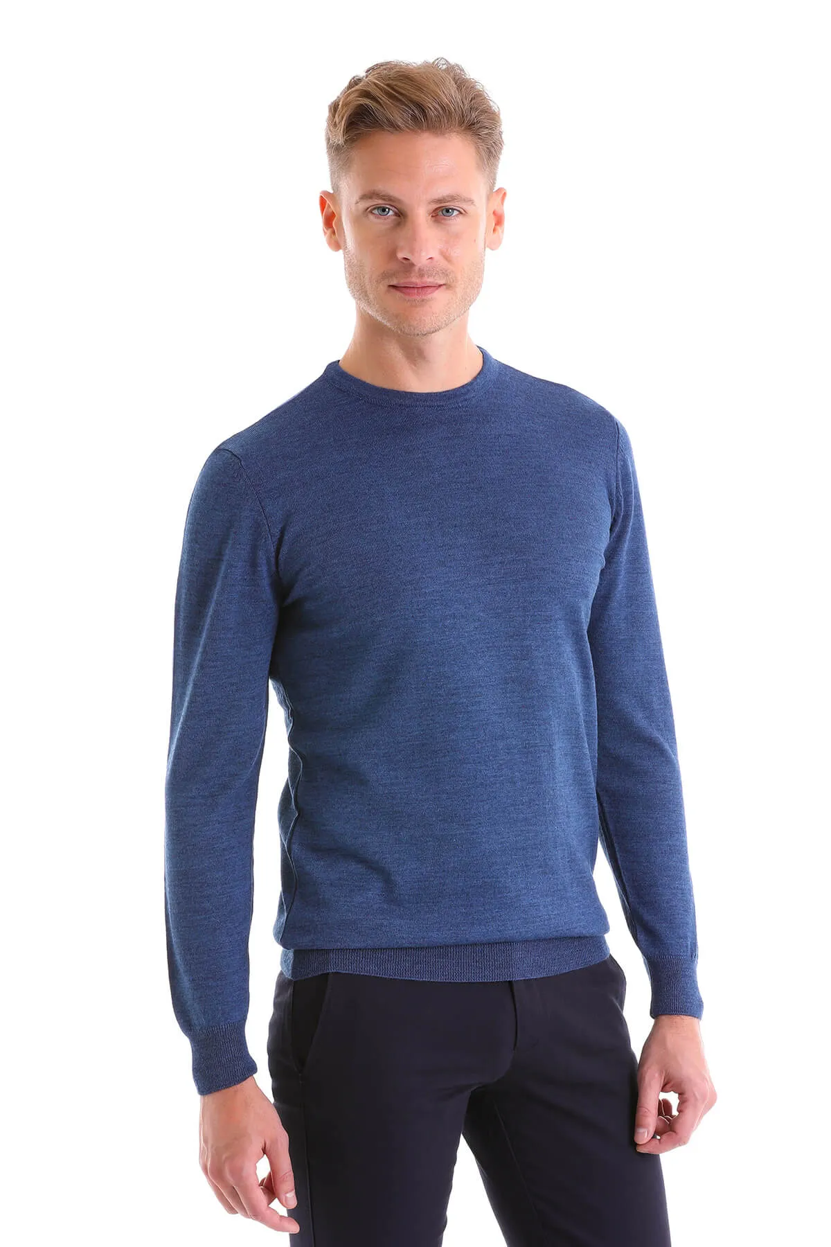 Comfort Fit Wool Blend Blue Mel Crewneck Sweater