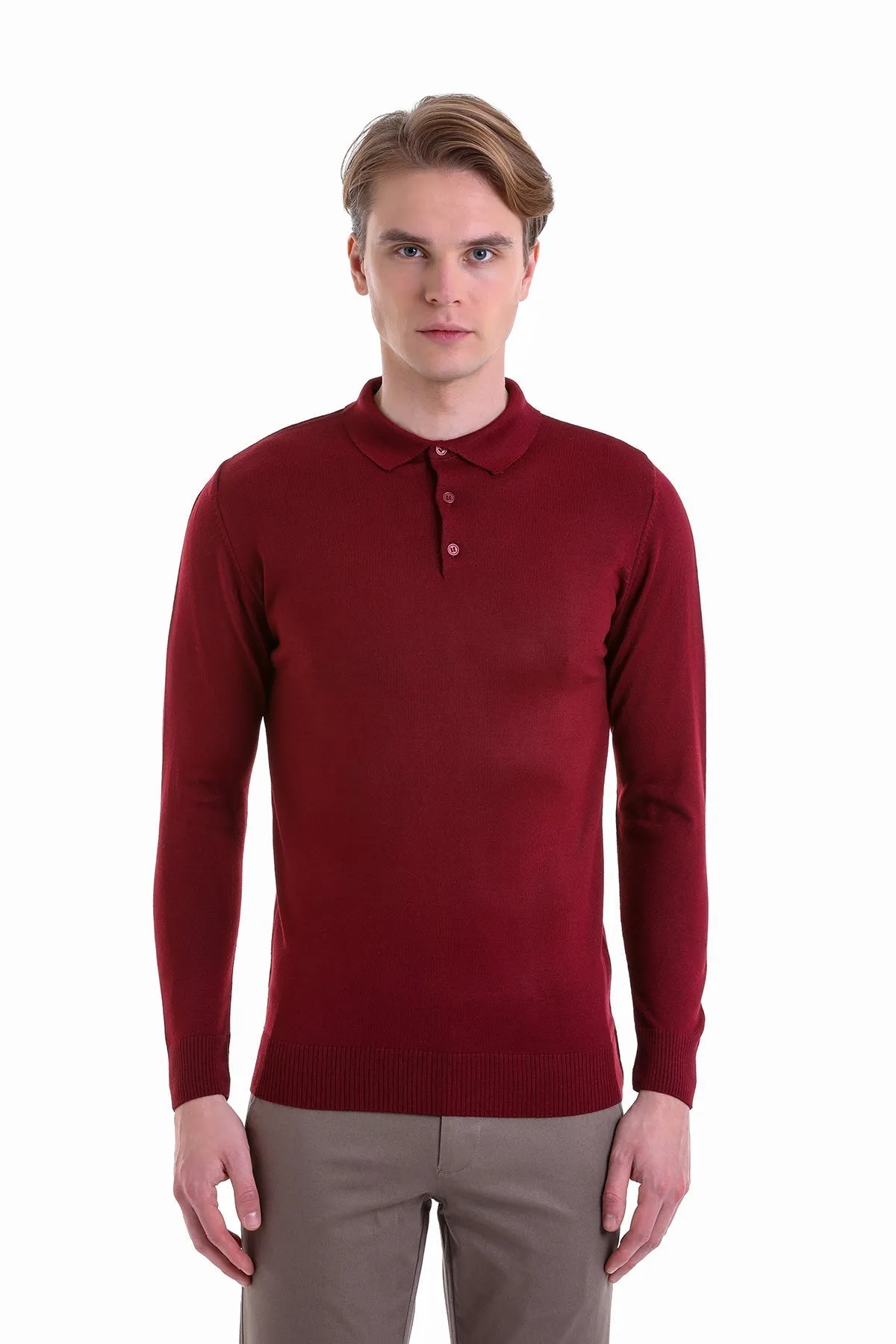 Comfort Fit Wool Blend Burgundy Polo Sweater