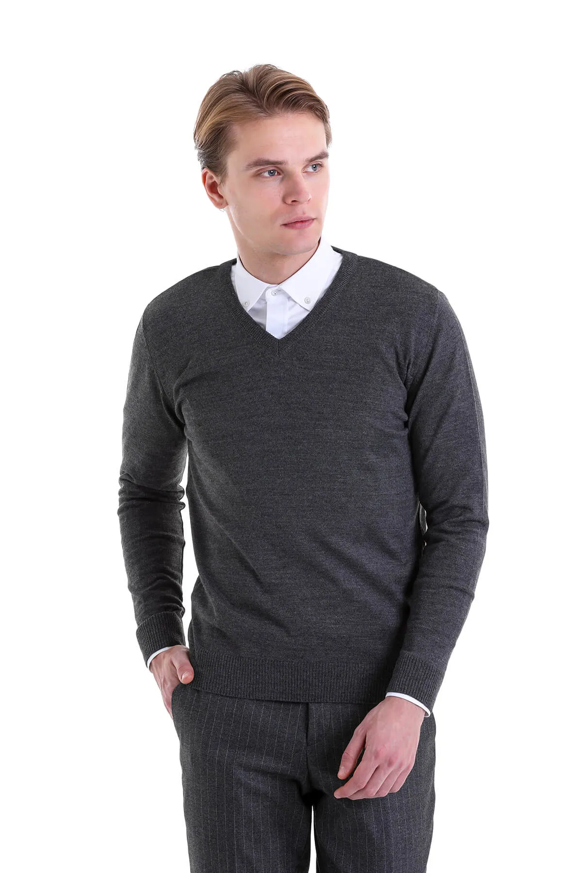 Comfort Fit Wool Blend Dark Gray V-Neck Sweater