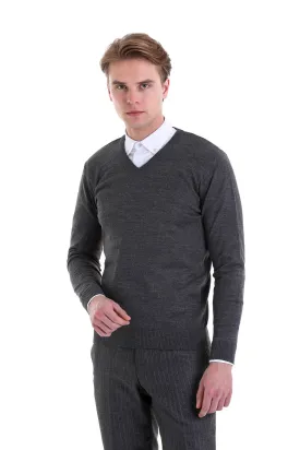 Comfort Fit Wool Blend Dark Gray V-Neck Sweater