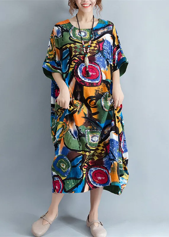 Elegant floral linen caftans oversize traveling half sleeve cotton maxi dresses-Limited Stock Free Shipping