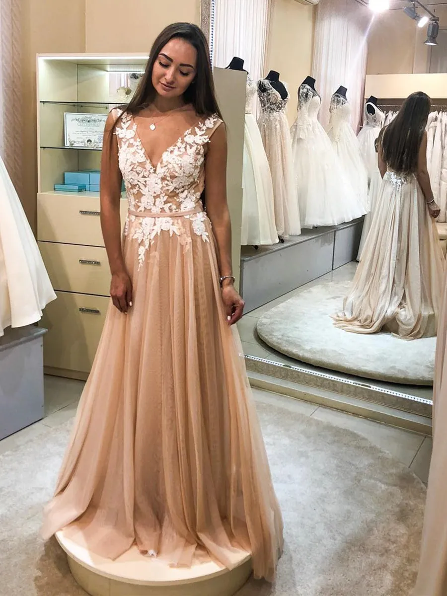 Elegant V Neck Champagne Lace Floral Prom, Long Champagne Lace Formal Graduation Evening