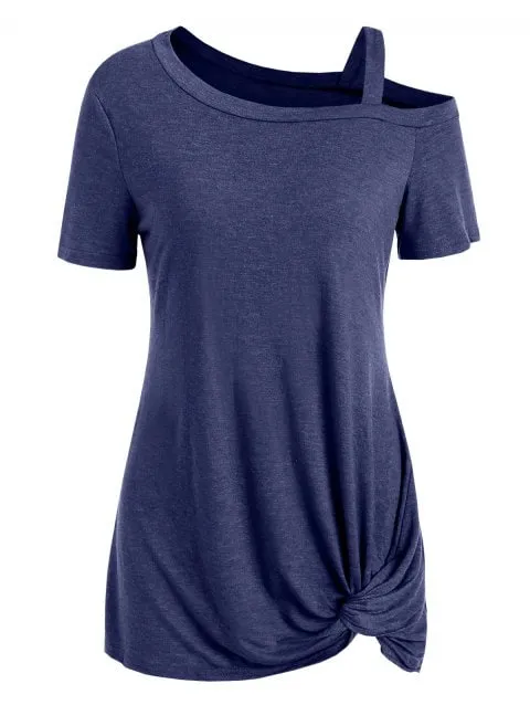 Fashion Sleeve Skew Neck Knotted Tee