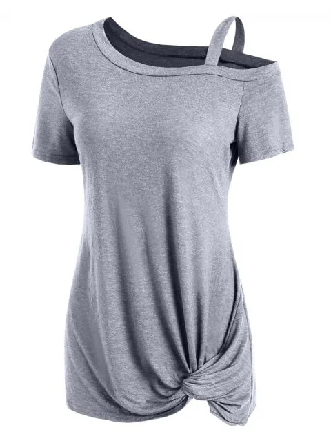 Fashion Sleeve Skew Neck Knotted Tee