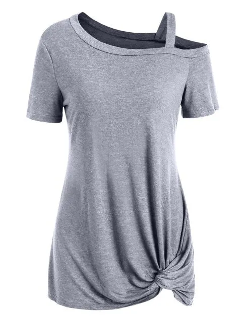 Fashion Sleeve Skew Neck Knotted Tee