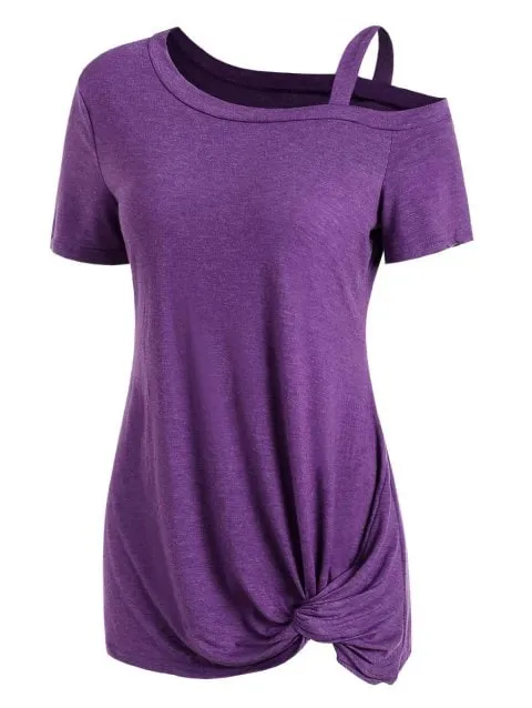 Fashion Sleeve Skew Neck Knotted Tee