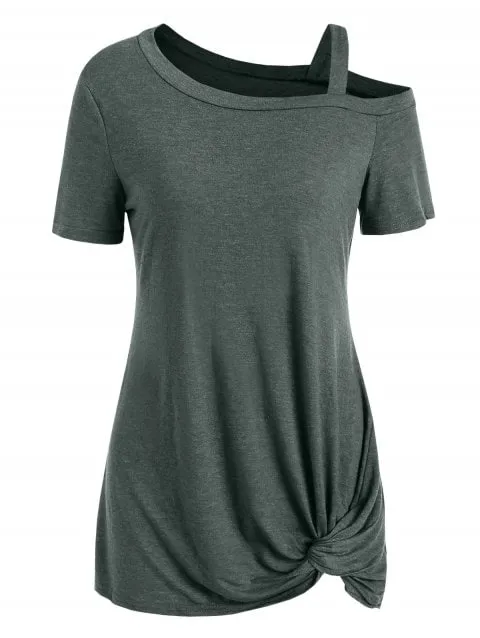 Fashion Sleeve Skew Neck Knotted Tee