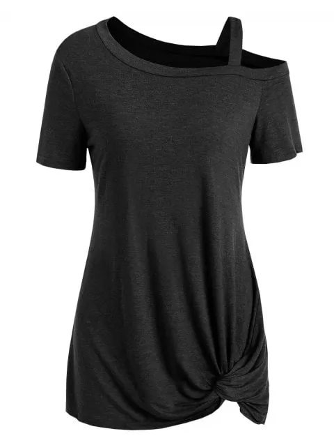 Fashion Sleeve Skew Neck Knotted Tee