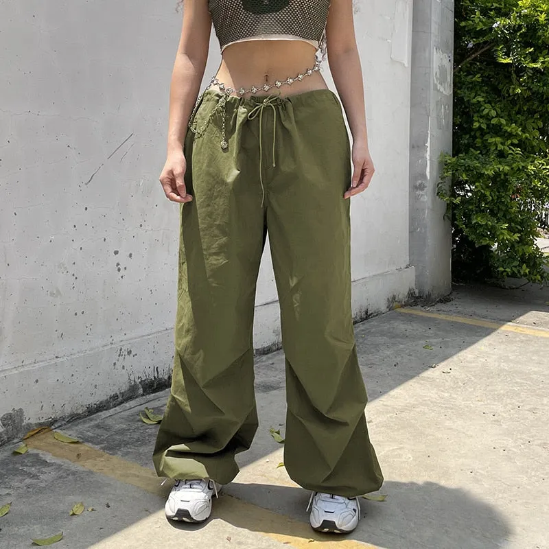 Fashionkova   Drawstring Loose Low Waist Cargo Pants Women Y2K Hippie Streetwear Wide Leg Sweatpants Casual Fashion Trousers Baggy Joggers New