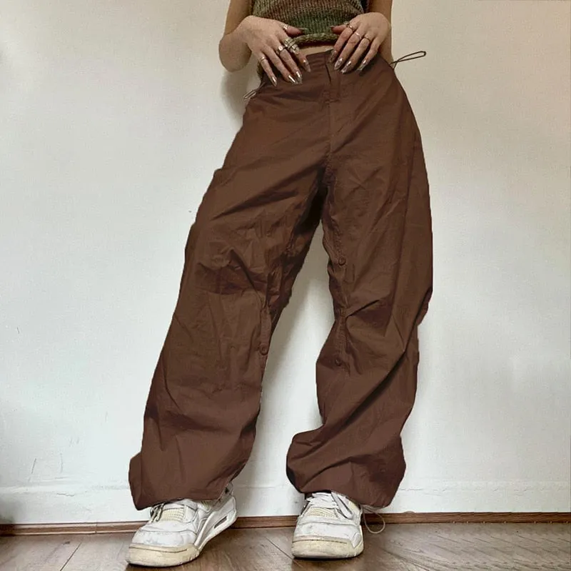 Fashionkova   Drawstring Loose Low Waist Cargo Pants Women Y2K Hippie Streetwear Wide Leg Sweatpants Casual Fashion Trousers Baggy Joggers New