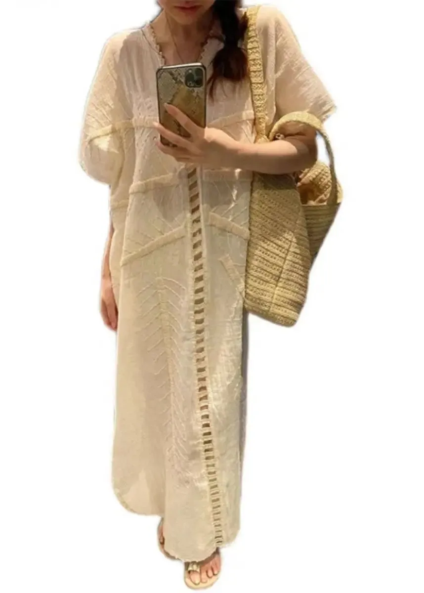 FLYTONN- French Beige V Neck Hollow Out Cotton Long Dress Summer CG1018