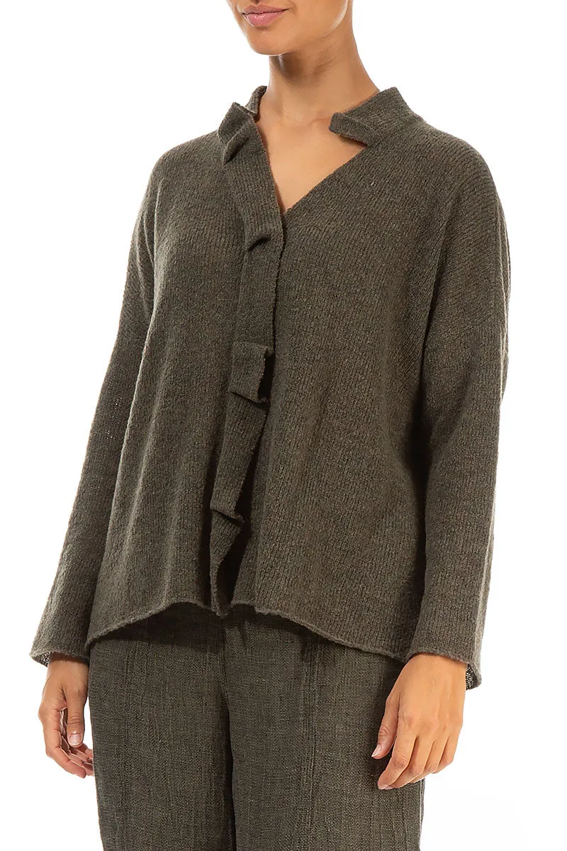 Frilled Neck Khaki Wool Cardigan