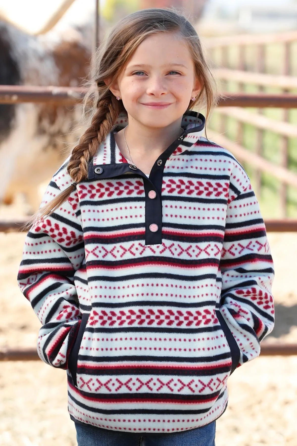 GIRL'S SOUTHWESTERN PRINT POLAR FLEECE PULLOVER - LIGHT BLUE