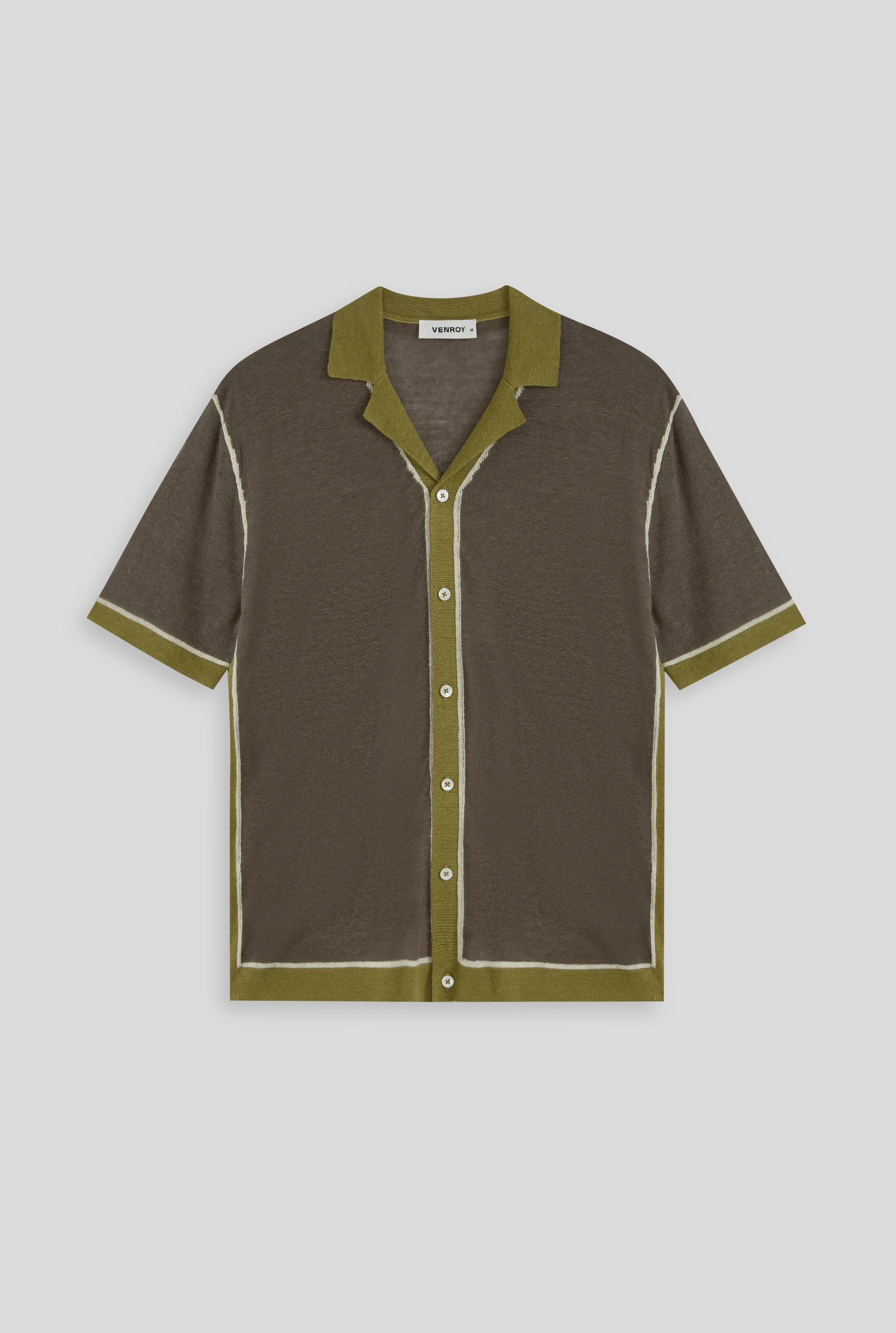 Knitted Contrast Short Sleeve Shirt - Brown/Moss Green/Cream