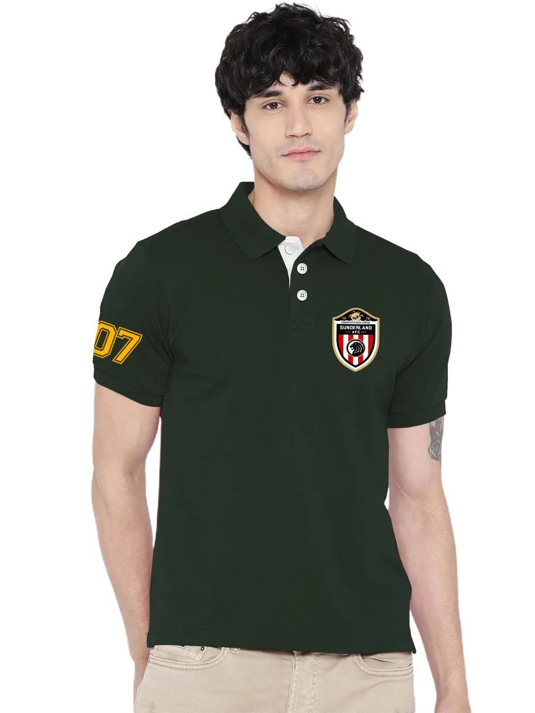 Lazychunks Printed Olive Green Polo Tshirt For Men