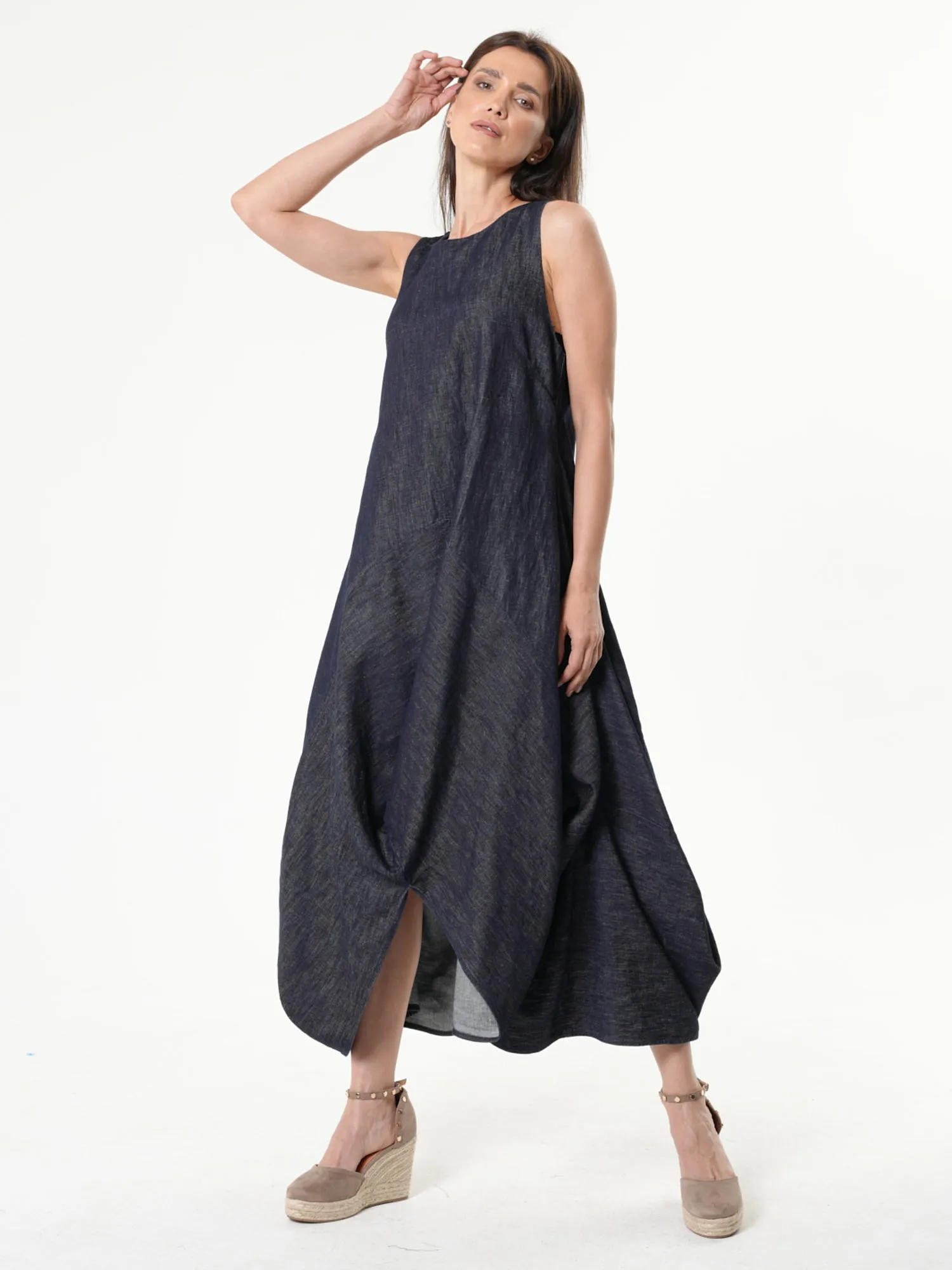 Long Denim Dress With Linen