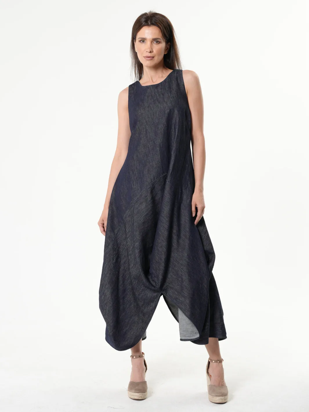 Long Denim Dress With Linen