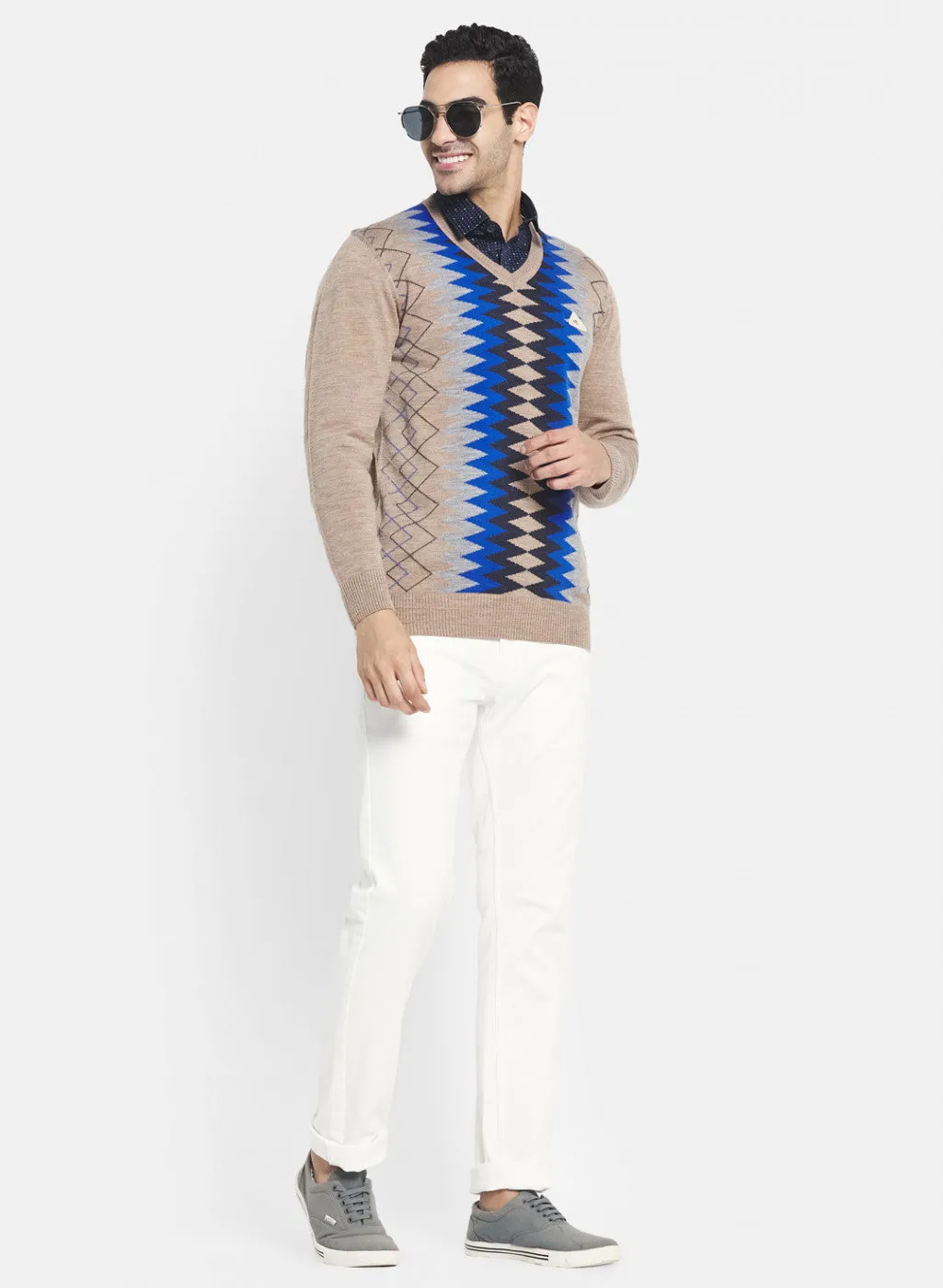 Men Beige Printed Pullover