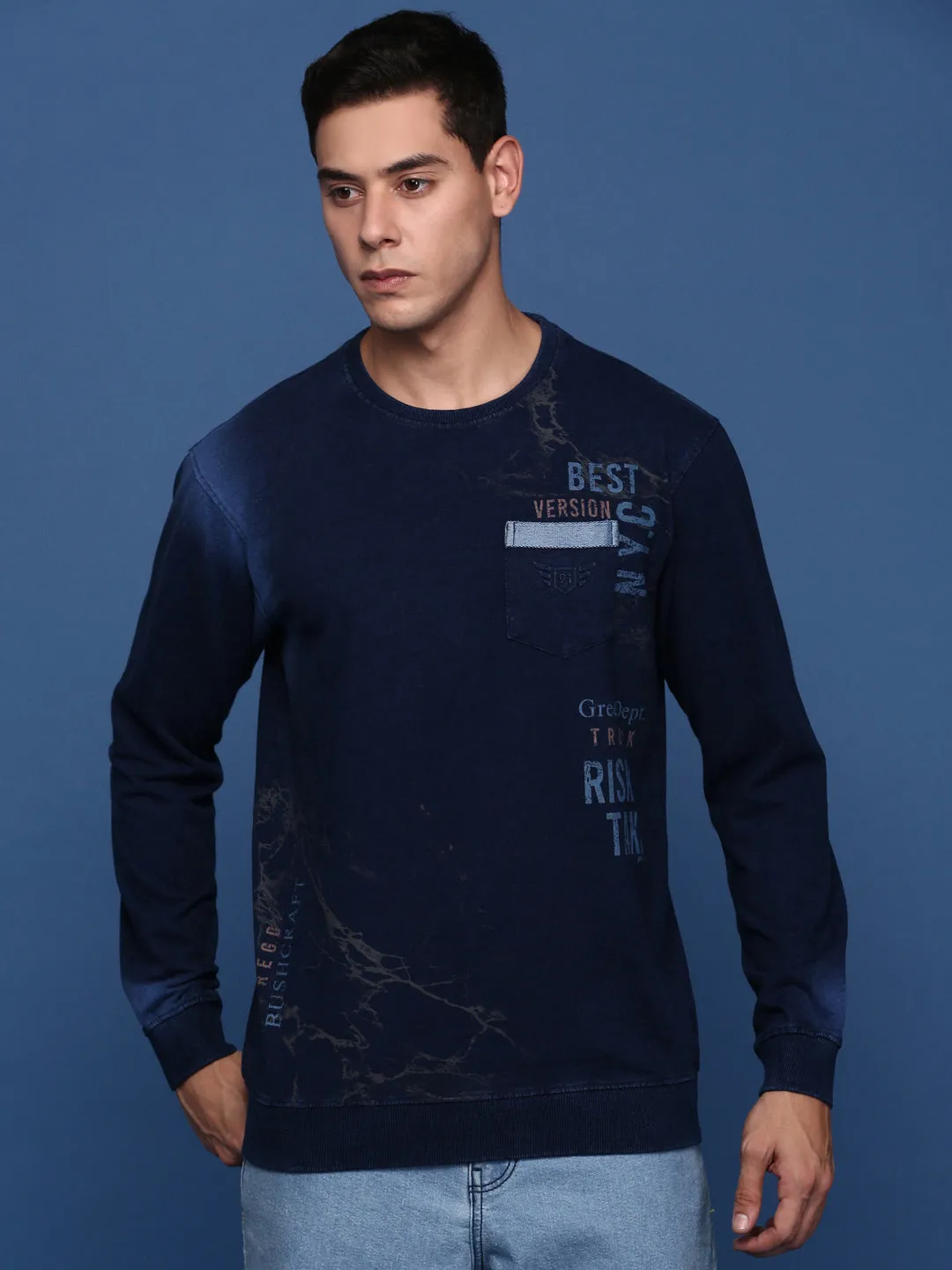 Men Round Neck Printed Navy Blue Pullover