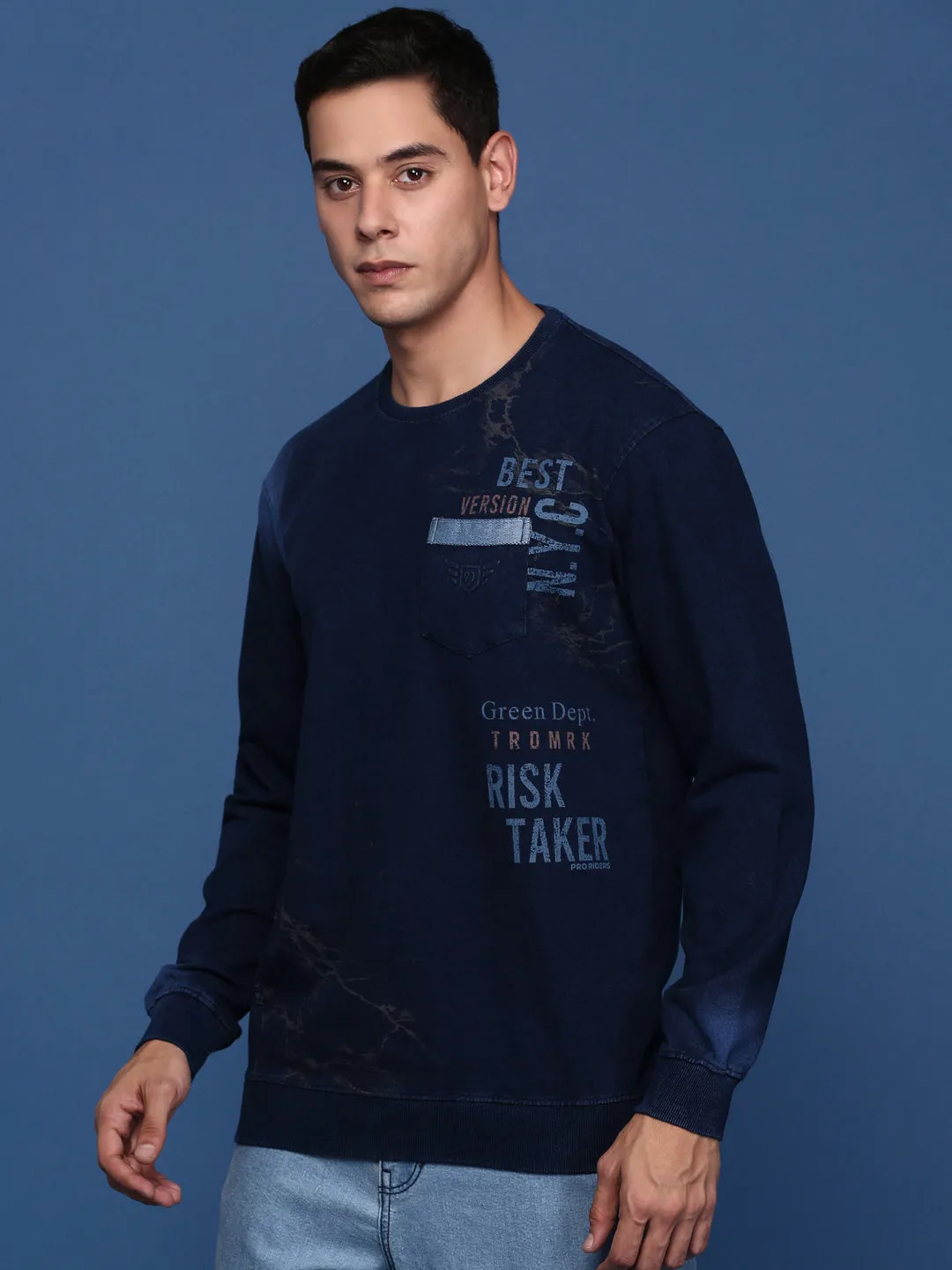 Men Round Neck Printed Navy Blue Pullover