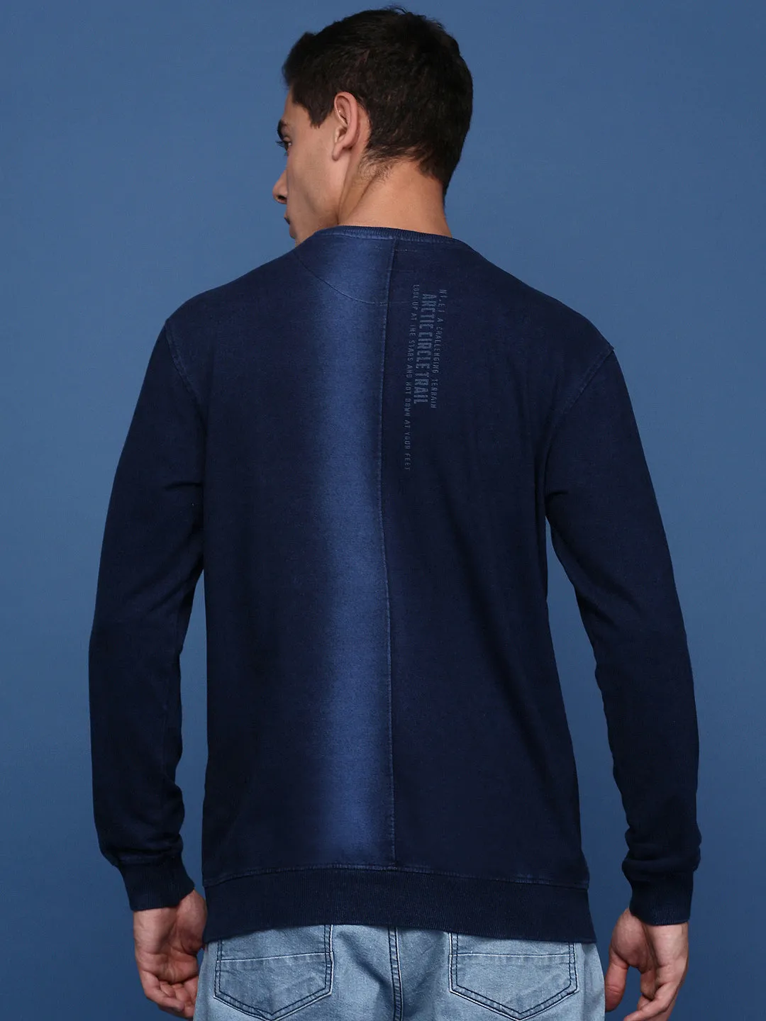 Men Round Neck Printed Navy Blue Pullover