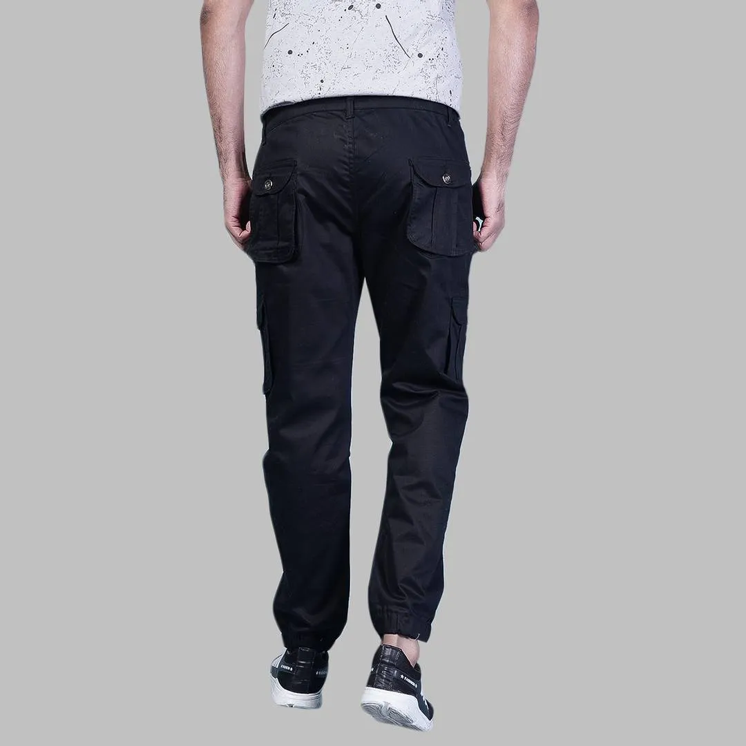 Men's Black Cotton Blend Solid Mid-Rise Regular Fit Cargo Pants